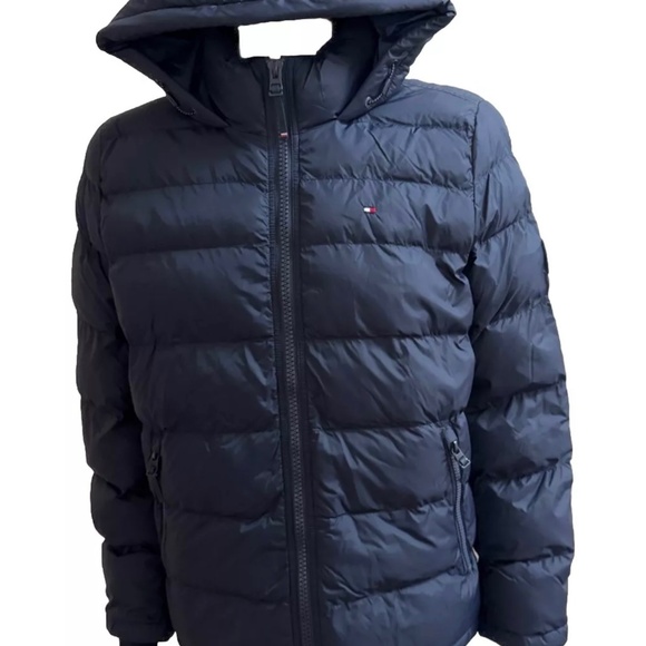 Tommy Hilfiger Hooded Wind Resistant Puffer Jacket Navy Dark Blue Mens Large L - Picture 1 of 5